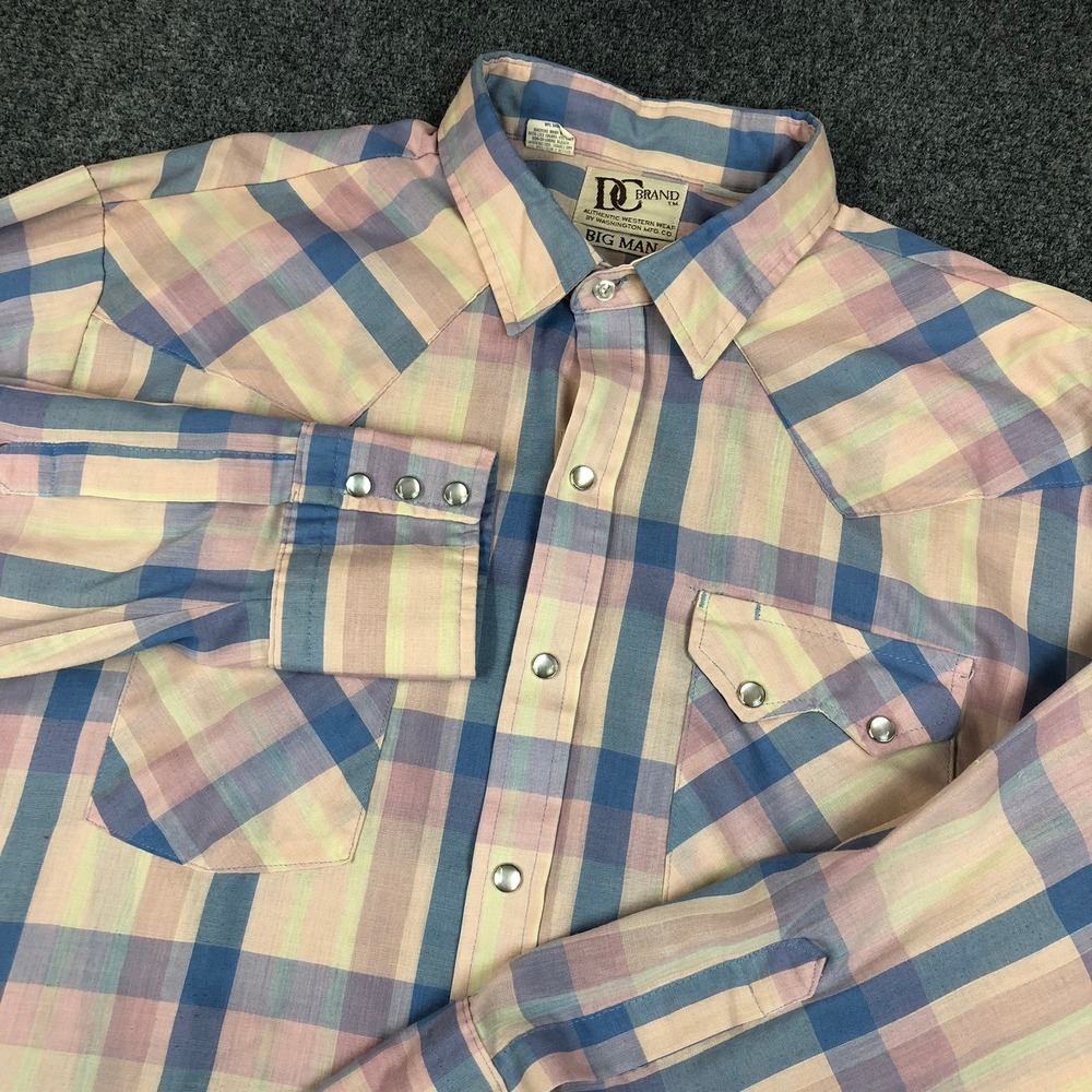Vintage 90s DC Brand Big Man Western Pearl Snap Shirt Plaid Pastel Size XL 18-35